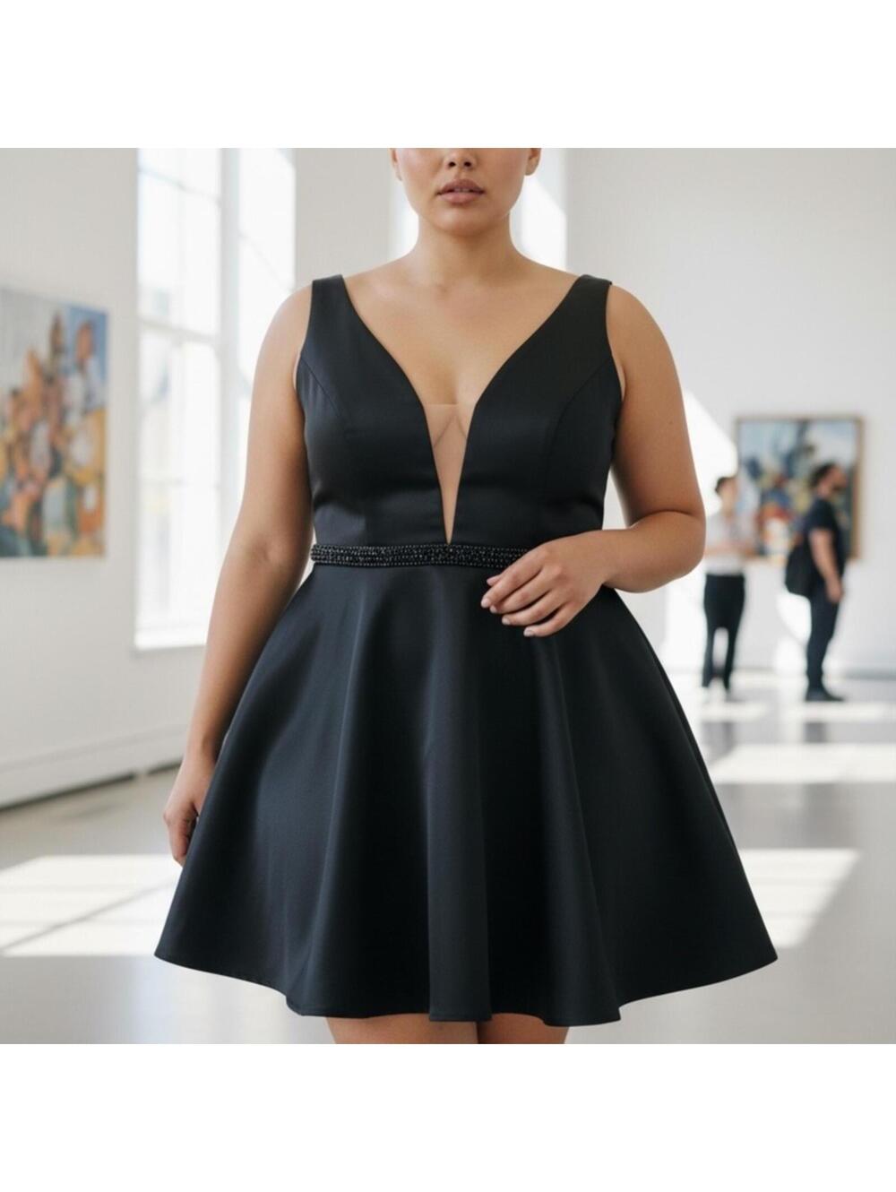 Sherri Hill Black Deep V-Neck Mini Dress